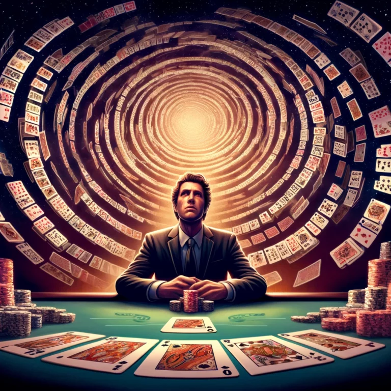 DALL·E 2024-04-08 17.31.00 - Illustrate a man standing at a poker table, surrounded by a swirling vortex of poker cards representing a vast array of possible hands