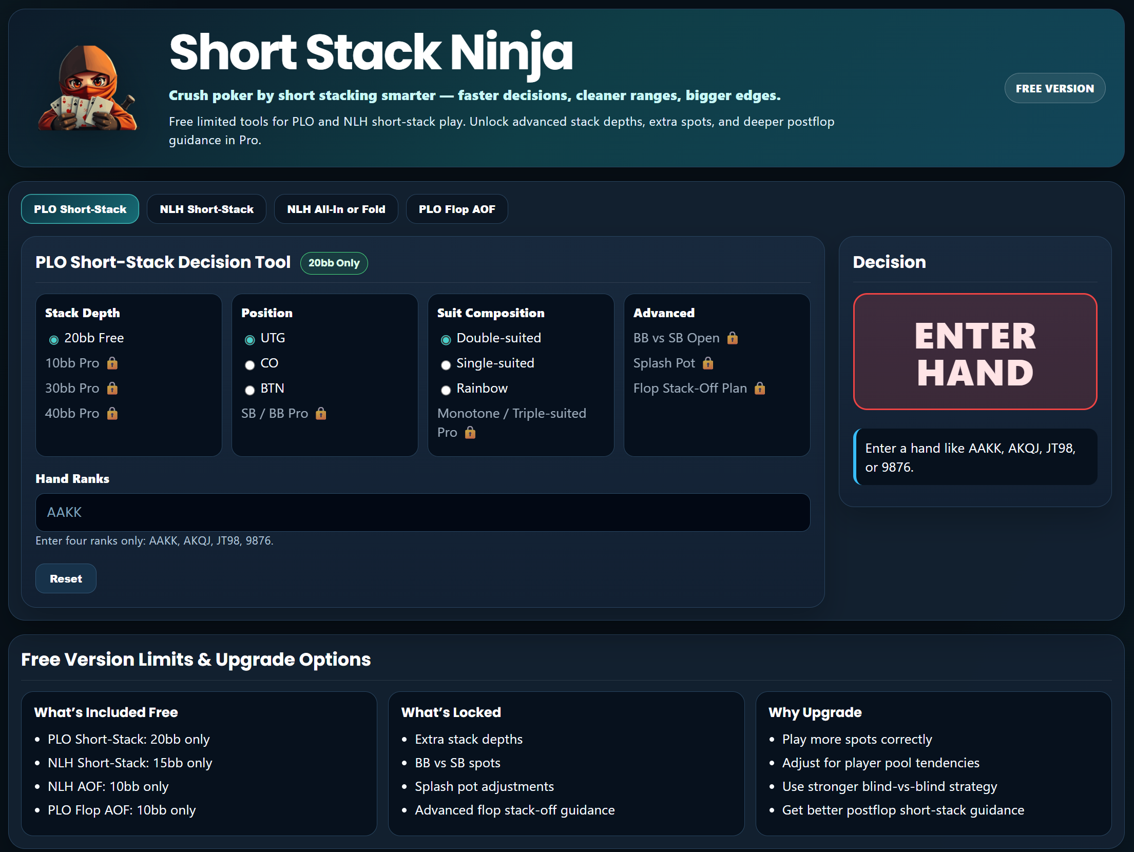 Short Stack Ninja tool interface on GTO Charts