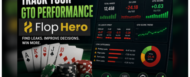 Flop Hero app interface showing GTO poker performance tracking and analysis with a white border