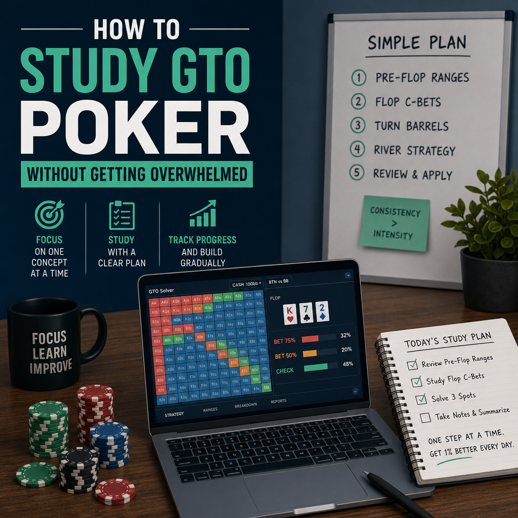 Simple GTO poker study plan with organized notes and strategy charts on a laptop screen